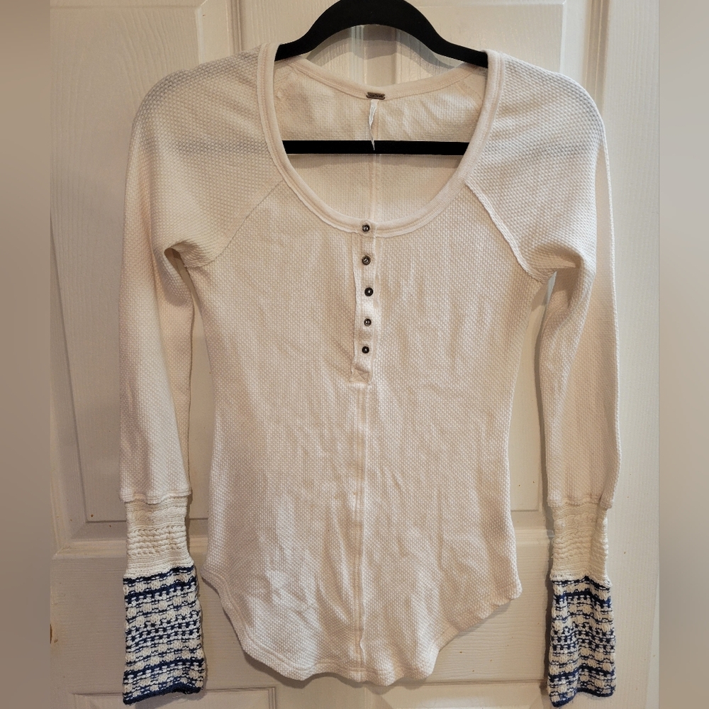 Free People Cream and Blue Henley Shirt